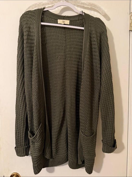 PINQUE Sweaters - Open-Front Waffle Knit Cardigan Sweater - Olive Green